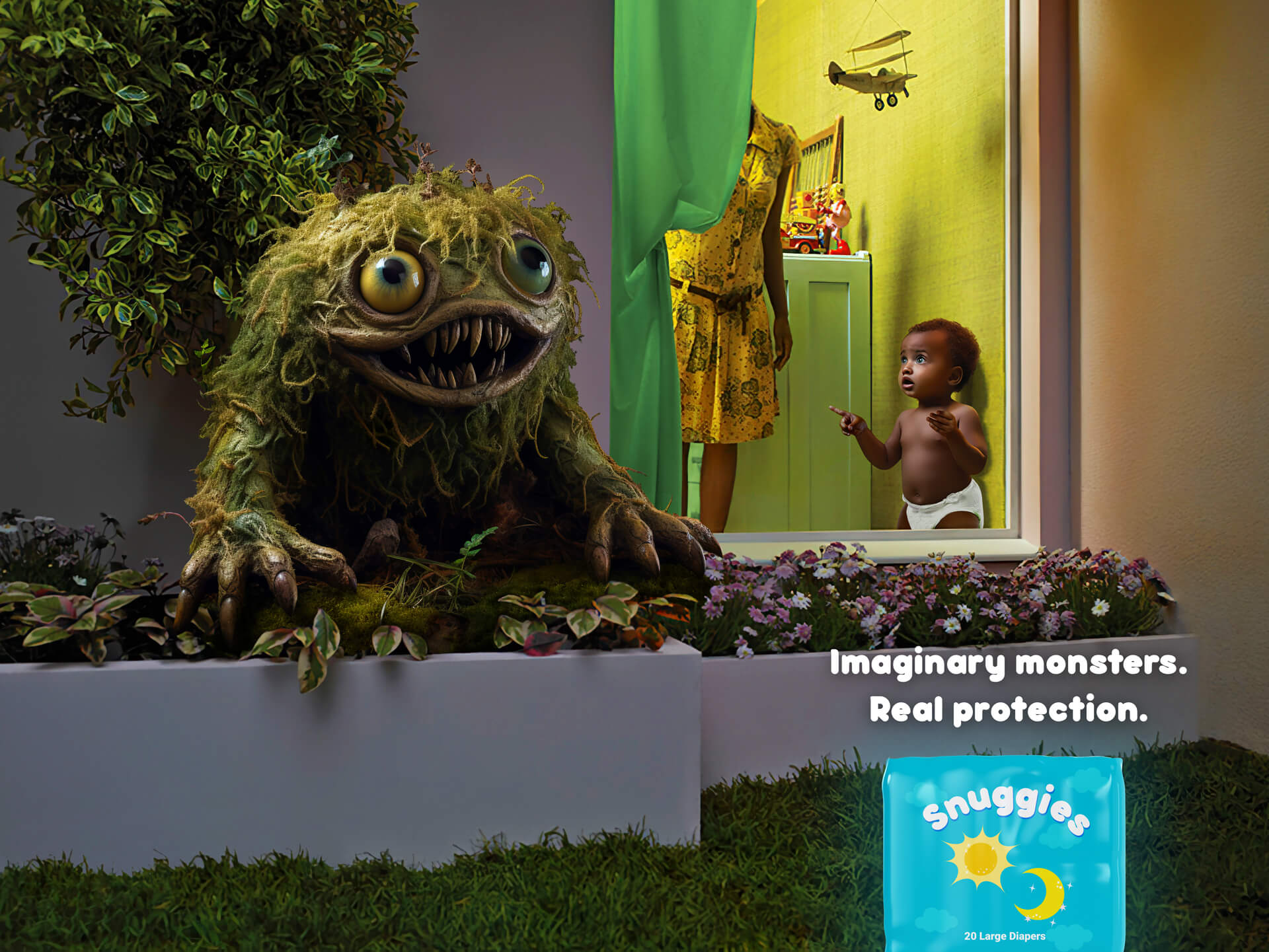 Imaginary monster covered in foliage, hiding outside a window